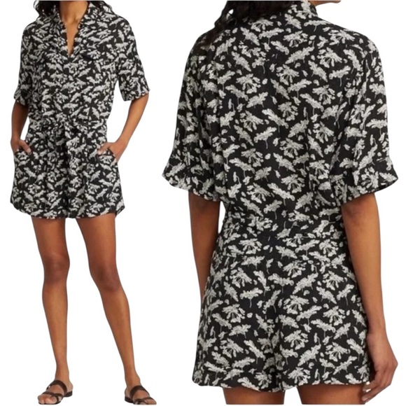 Rag & Bone Surplus Floral Zip-Front Tie-Waist Romper – Black & White - Sz 4